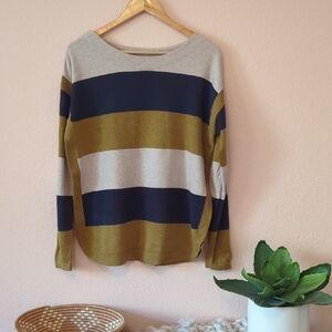 Striped Crew Neck Sweater - Olive, Navy, and Gray